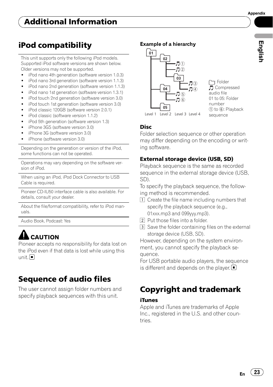 Ipod compatibility, Sequence of audio files, Copyright and trademark | Additional information, English | Pioneer DEH-3200UB User Manual | Page 23 / 116