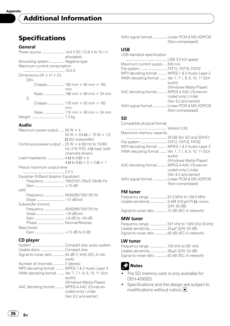 Specifications, Additional information | Pioneer DEH-3200UB User Manual | Page 26 / 116