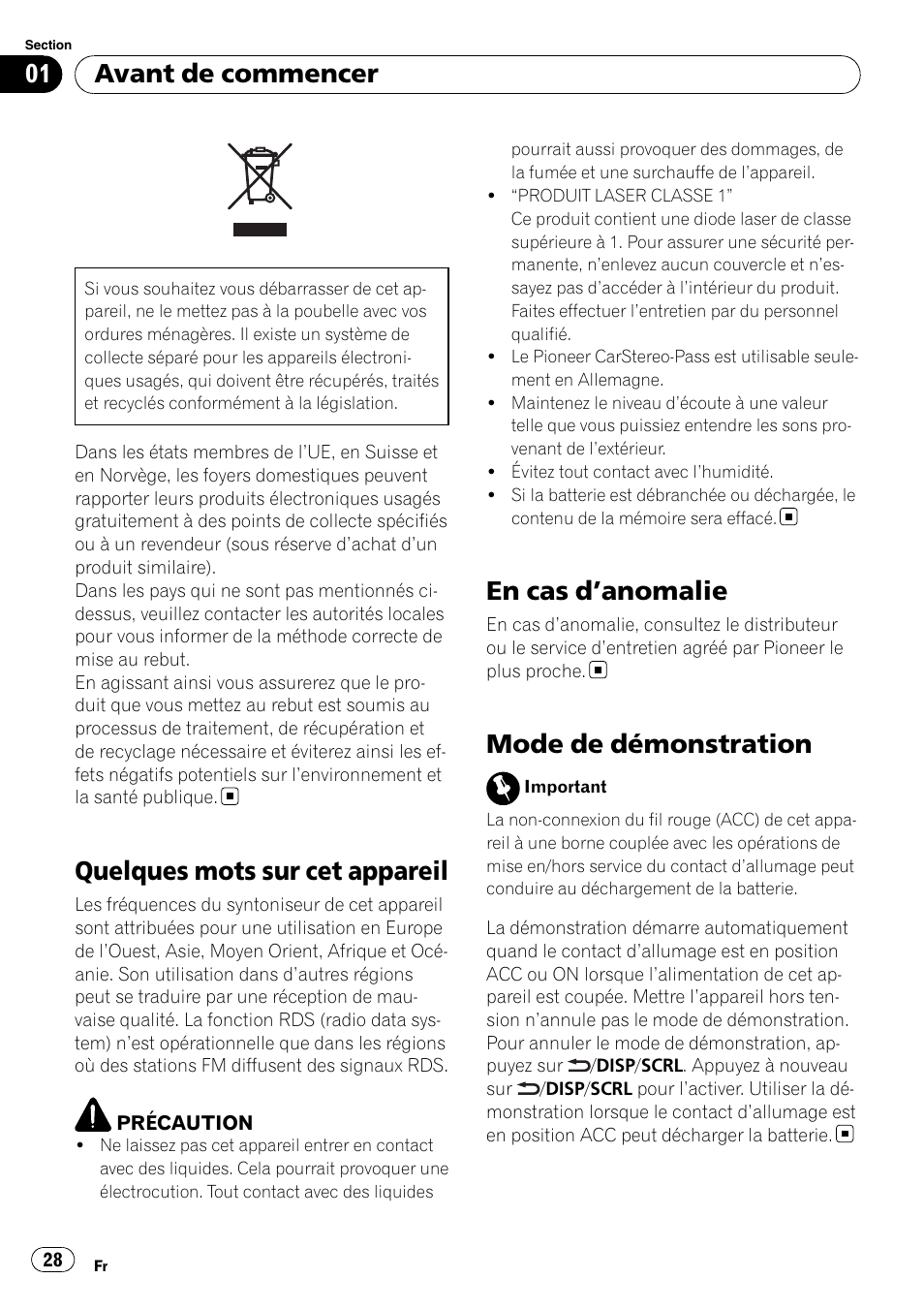 Avant de commencer, Quelques mots sur cet appareil, En cas d | Anomalie 28, Mode de démonstration, En cas d ’anomalie | Pioneer DEH-3200UB User Manual | Page 28 / 116