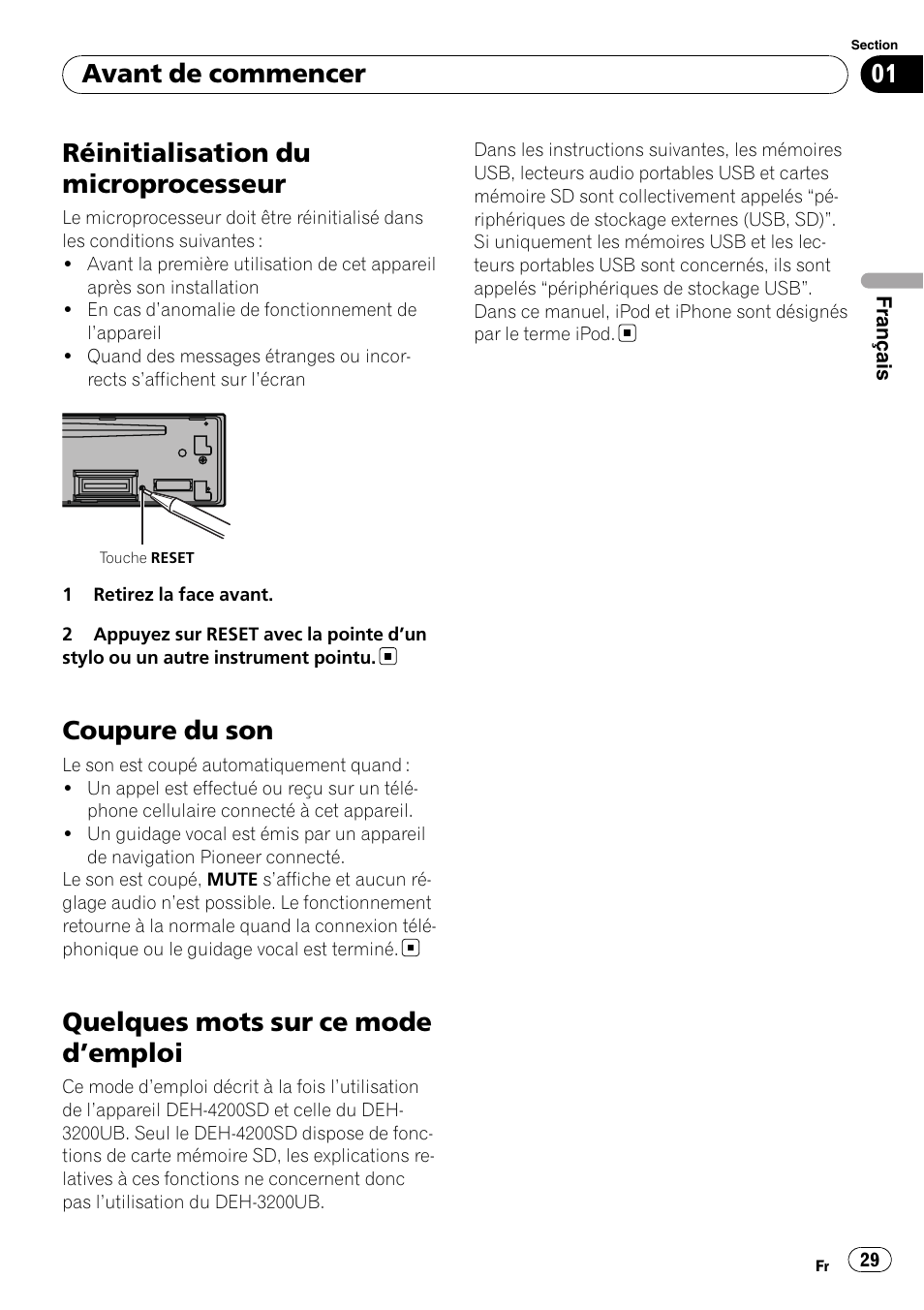 Réinitialisation du microprocesseur, Coupure du son, Quelques mots sur ce mode d | Emploi 29, Quelques mots sur ce mode d ’emploi, Avant de commencer | Pioneer DEH-3200UB User Manual | Page 29 / 116