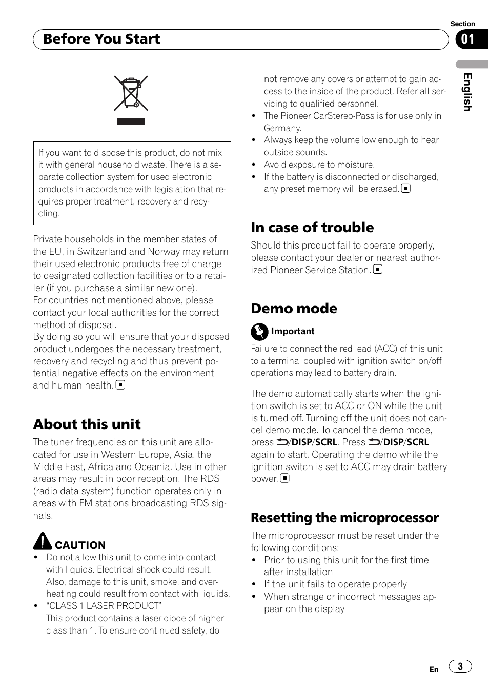 Before you start, About this unit, In case of trouble | Demo mode, Resetting the microprocessor | Pioneer DEH-3200UB User Manual | Page 3 / 116