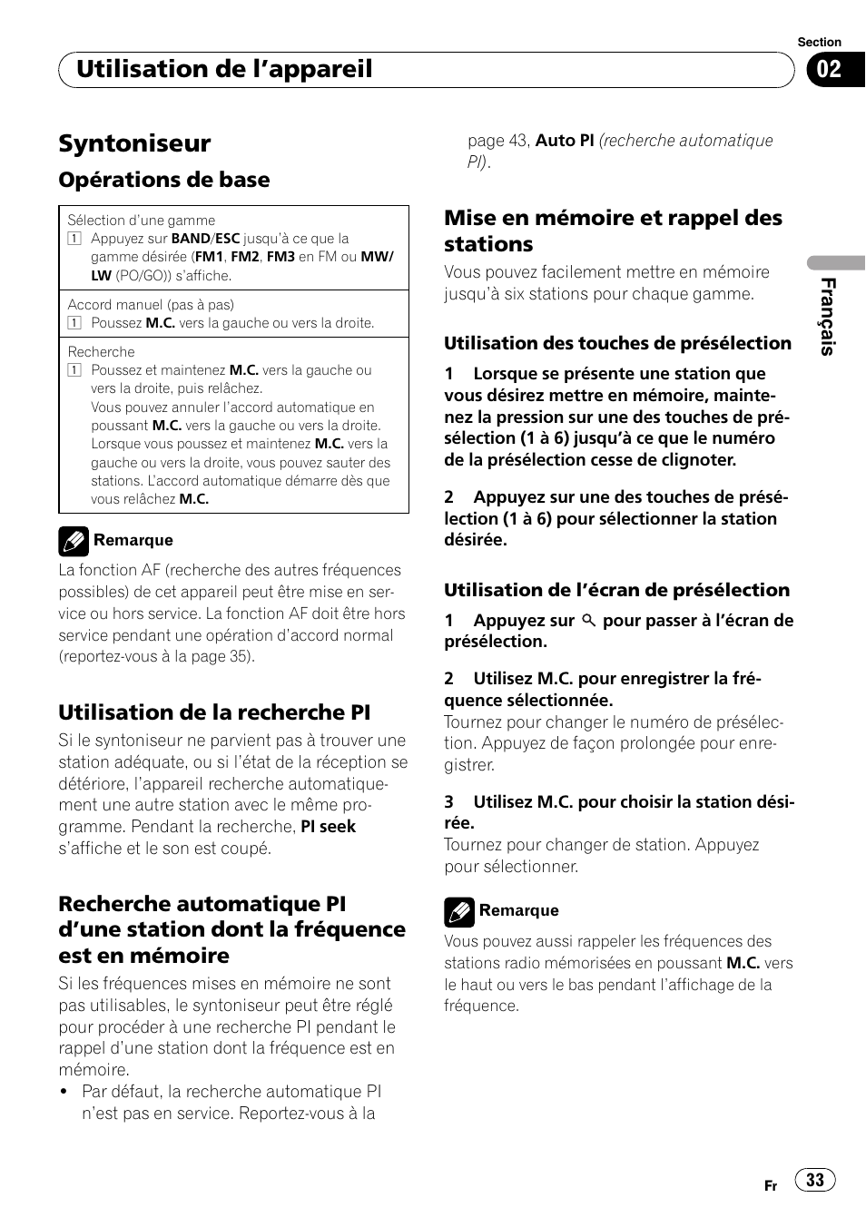 Syntoniseur, Opérations de base 33, Utilisation de la recherche pi 33 | Recherche automatique pi d’une, Station dont la fréquence est en mémoire, Mise en mémoire et rappel des, Stations, Utilisation de l ’appareil, Opérations de base, Utilisation de la recherche pi | Pioneer DEH-3200UB User Manual | Page 33 / 116