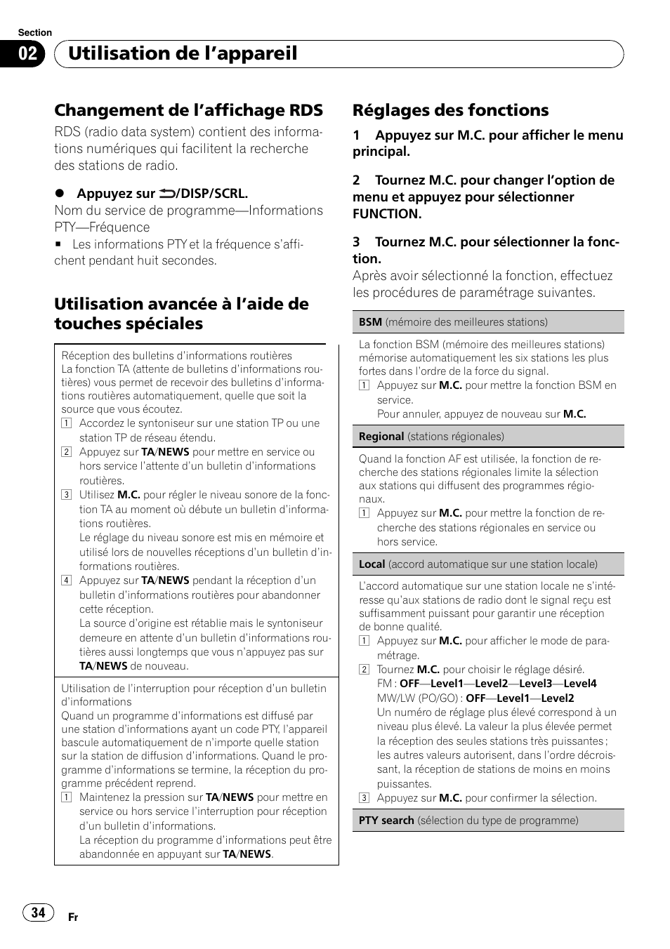 Changement de l’affichage rds 34, Utilisation avancée à l’aide de touches, Spéciales | Réglages des fonctions 34, Utilisation de l ’appareil, Changement de l ’affichage rds, Utilisation avancée à l ’aide de touches spéciales, Réglages des fonctions | Pioneer DEH-3200UB User Manual | Page 34 / 116