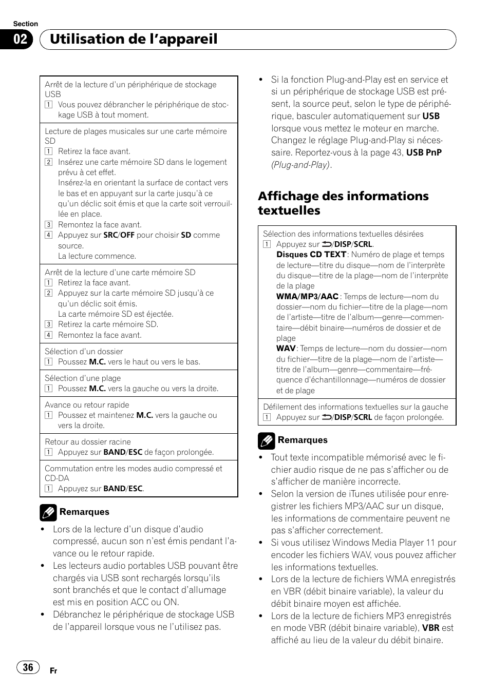 Affichage des informations, Textuelles, Utilisation de l ’appareil | Affichage des informations textuelles | Pioneer DEH-3200UB User Manual | Page 36 / 116