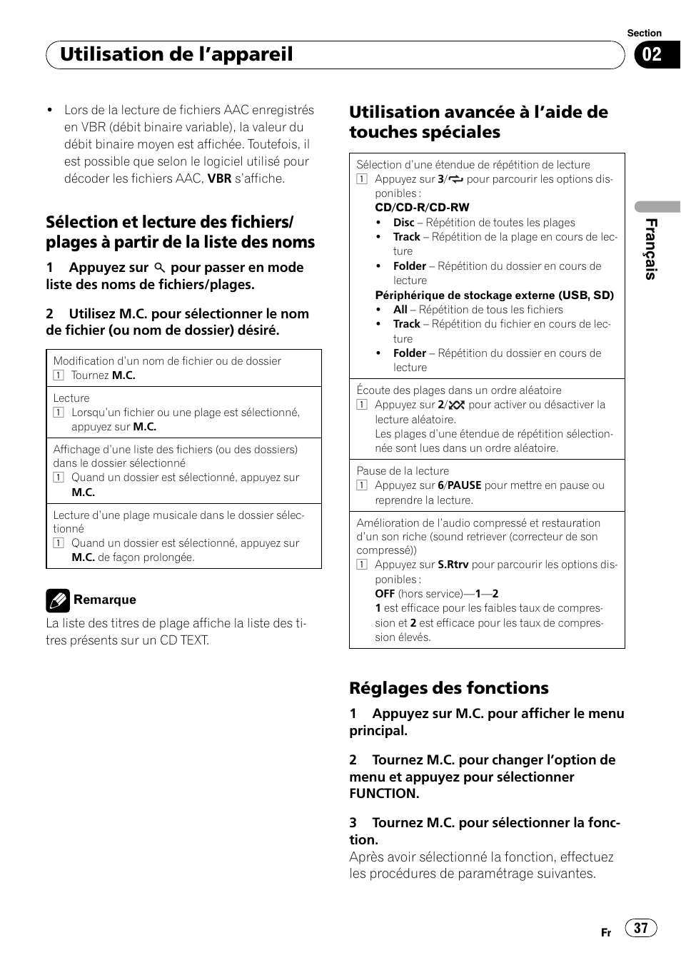 Sélection et lecture des fichiers/plages, À partir de la liste des noms, Utilisation avancée à l’aide de touches | Spéciales, Réglages des fonctions 37, Utilisation de l ’appareil, Utilisation avancée à l ’aide de touches spéciales, Réglages des fonctions, Français | Pioneer DEH-3200UB User Manual | Page 37 / 116