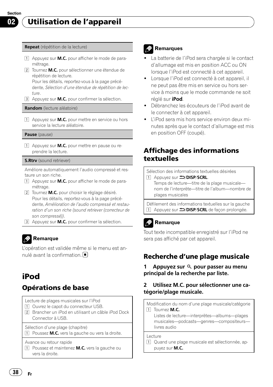 Ipod, Opérations de base 38, Affichage des informations | Textuelles, Recherche d’une plage musicale 38, Utilisation de l ’appareil, Opérations de base, Affichage des informations textuelles, Recherche d ’une plage musicale | Pioneer DEH-3200UB User Manual | Page 38 / 116