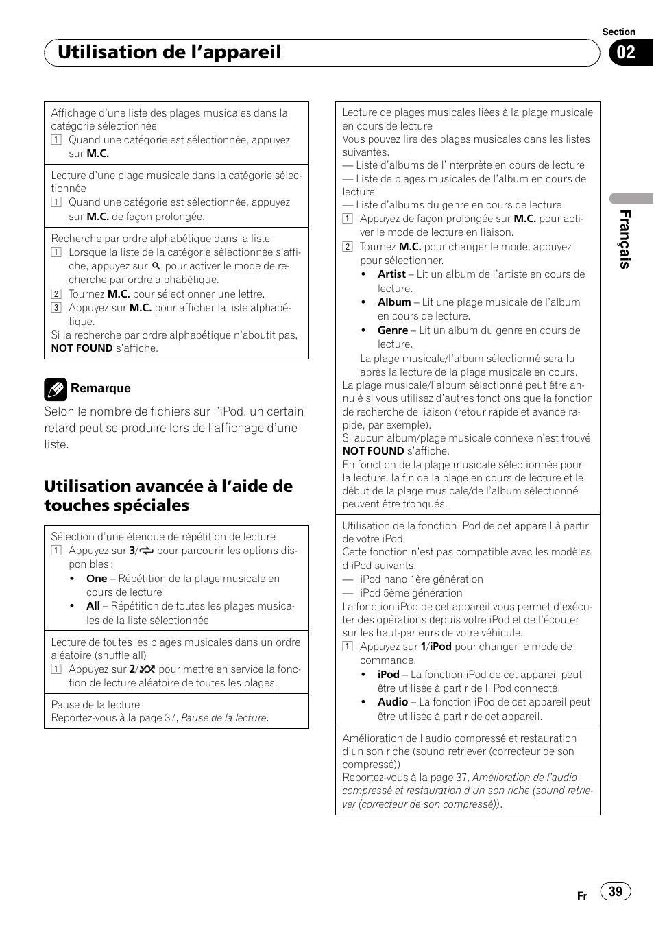 Utilisation avancée à l’aide de touches, Spéciales, Utilisation de l ’appareil | Utilisation avancée à l ’aide de touches spéciales, Français | Pioneer DEH-3200UB User Manual | Page 39 / 116