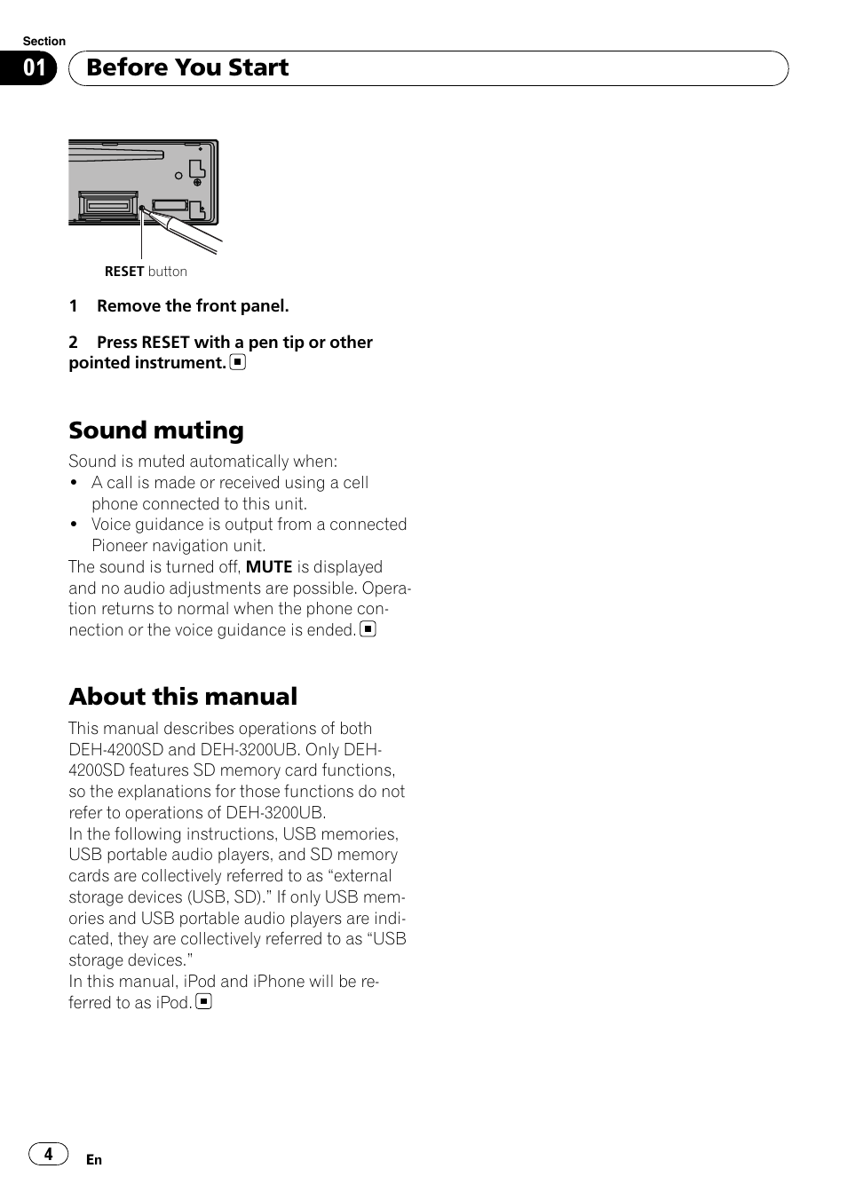 Sound muting, About this manual, Before you start | Pioneer DEH-3200UB User Manual | Page 4 / 116