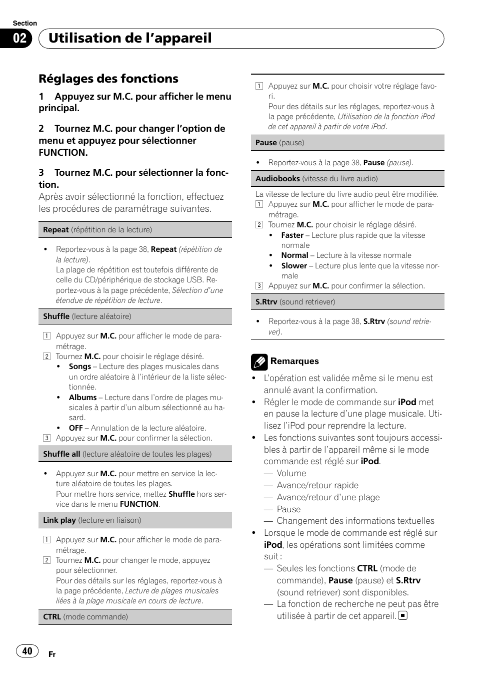 Réglages des fonctions 40, Utilisation de l ’appareil, Réglages des fonctions | Pioneer DEH-3200UB User Manual | Page 40 / 116