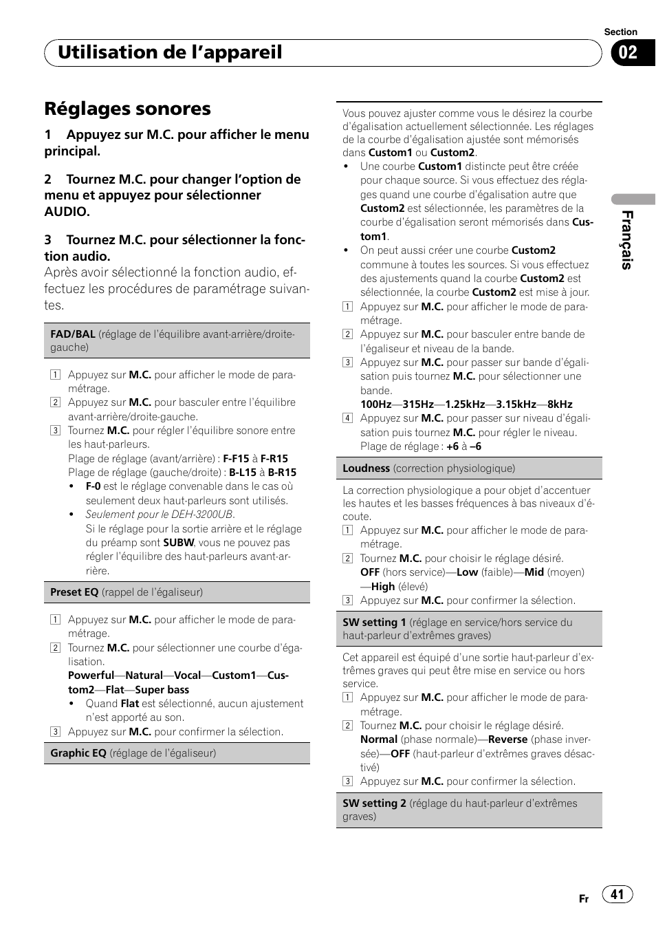 Réglages sonores, Utilisation de l ’appareil, Français | Pioneer DEH-3200UB User Manual | Page 41 / 116