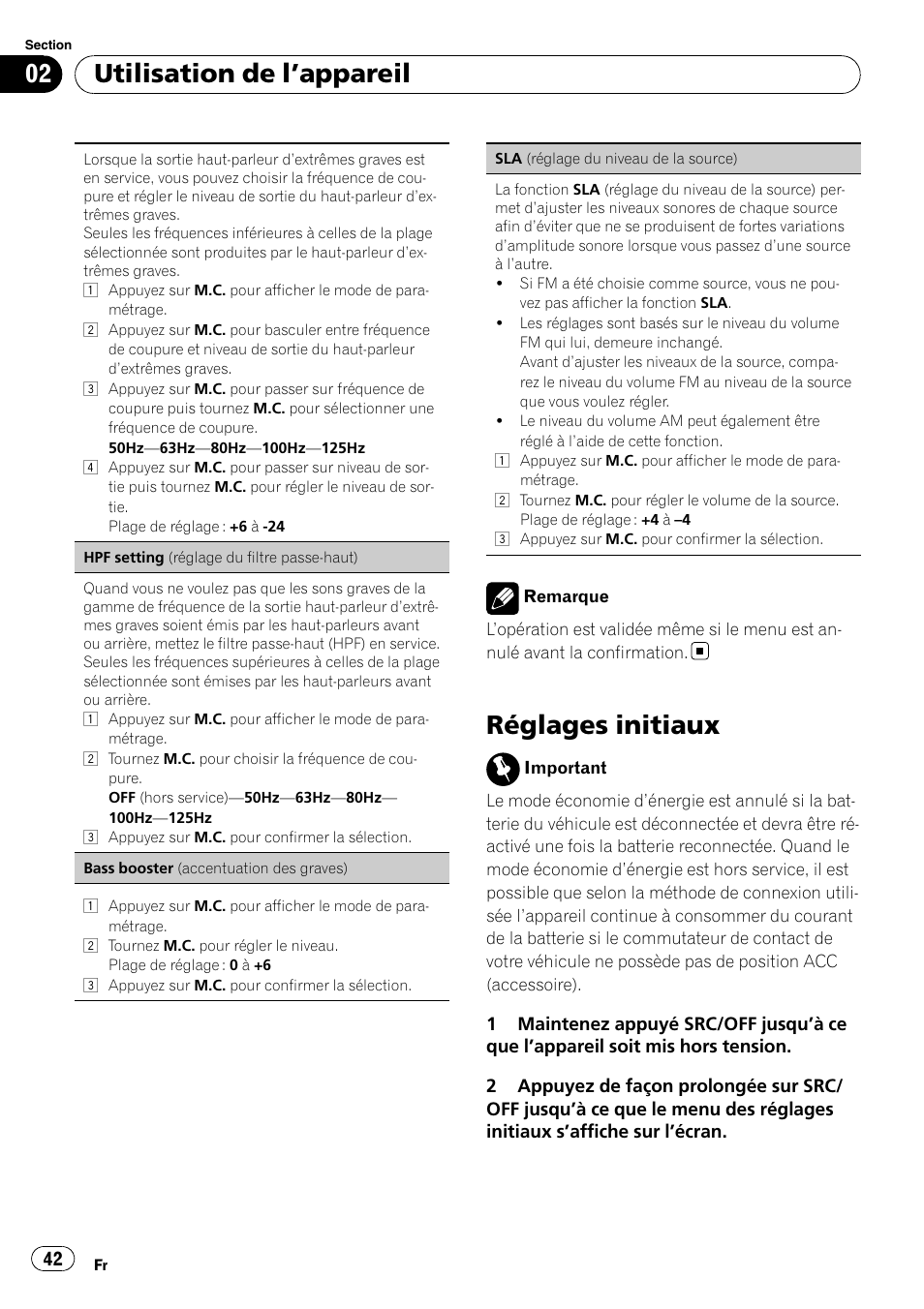 Réglages initiaux, Utilisation de l ’appareil | Pioneer DEH-3200UB User Manual | Page 42 / 116
