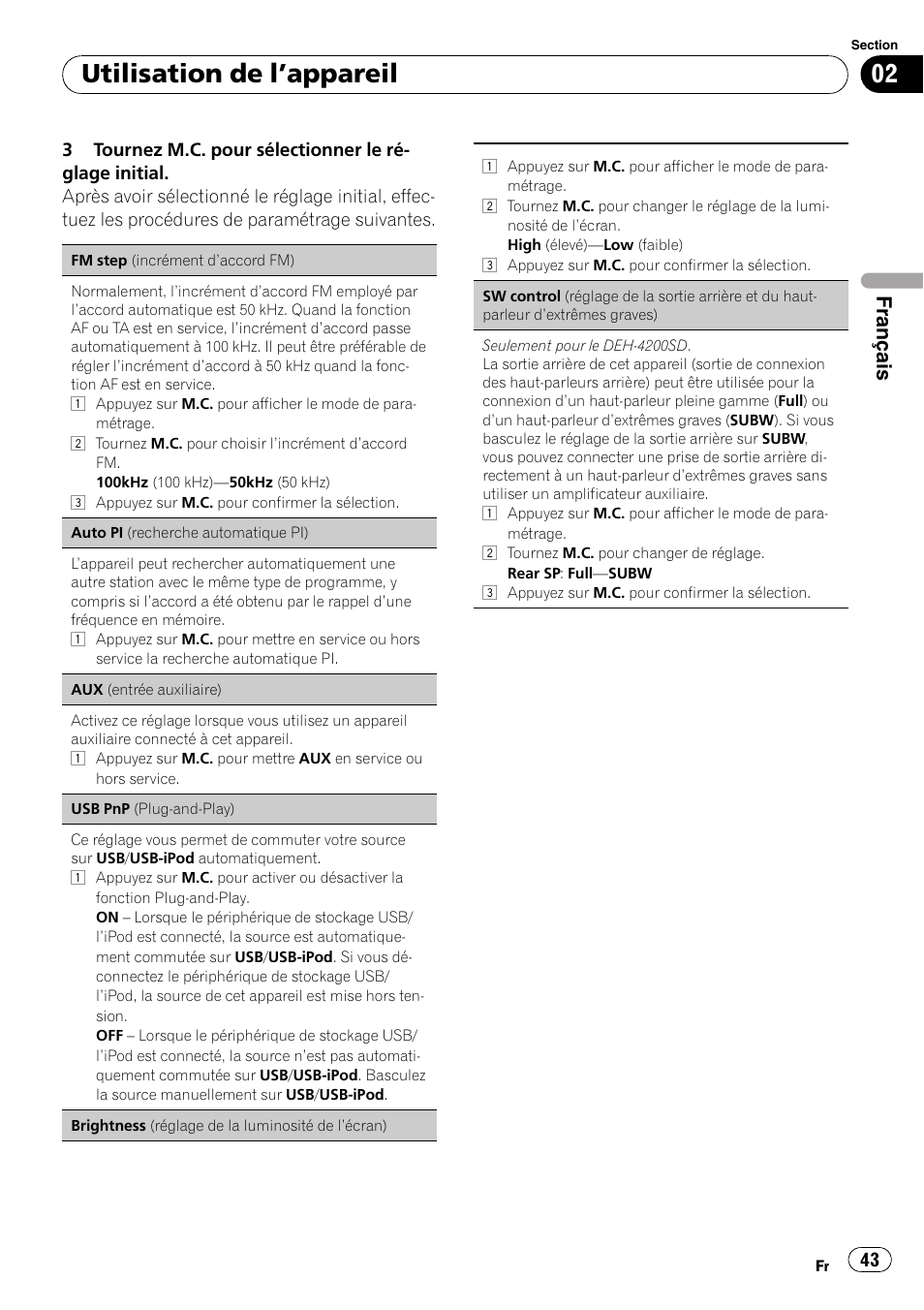 Auto pi (recherche automatique, Utilisation de l ’appareil, Français | Pioneer DEH-3200UB User Manual | Page 43 / 116