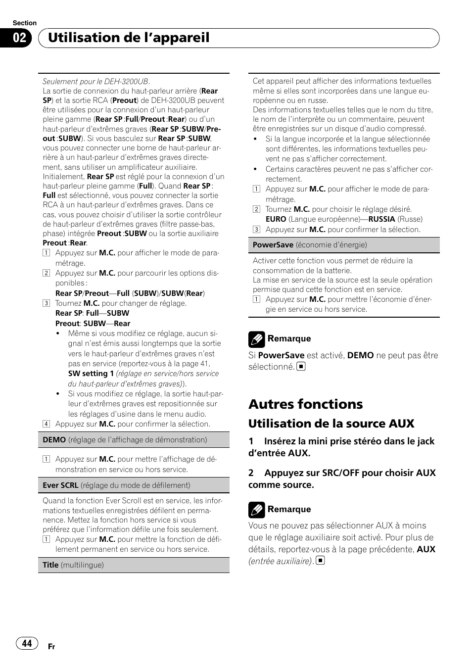 Autres fonctions, Utilisation de la source aux 44, Utilisation de l ’appareil | Utilisation de la source aux | Pioneer DEH-3200UB User Manual | Page 44 / 116