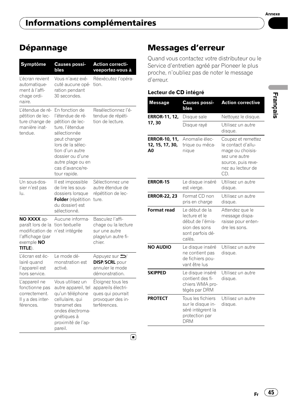 Informations complémentaires dépannage, Messages d, Erreur 45 | Dépannage, Messages d ’erreur, Informations complémentaires, Français | Pioneer DEH-3200UB User Manual | Page 45 / 116