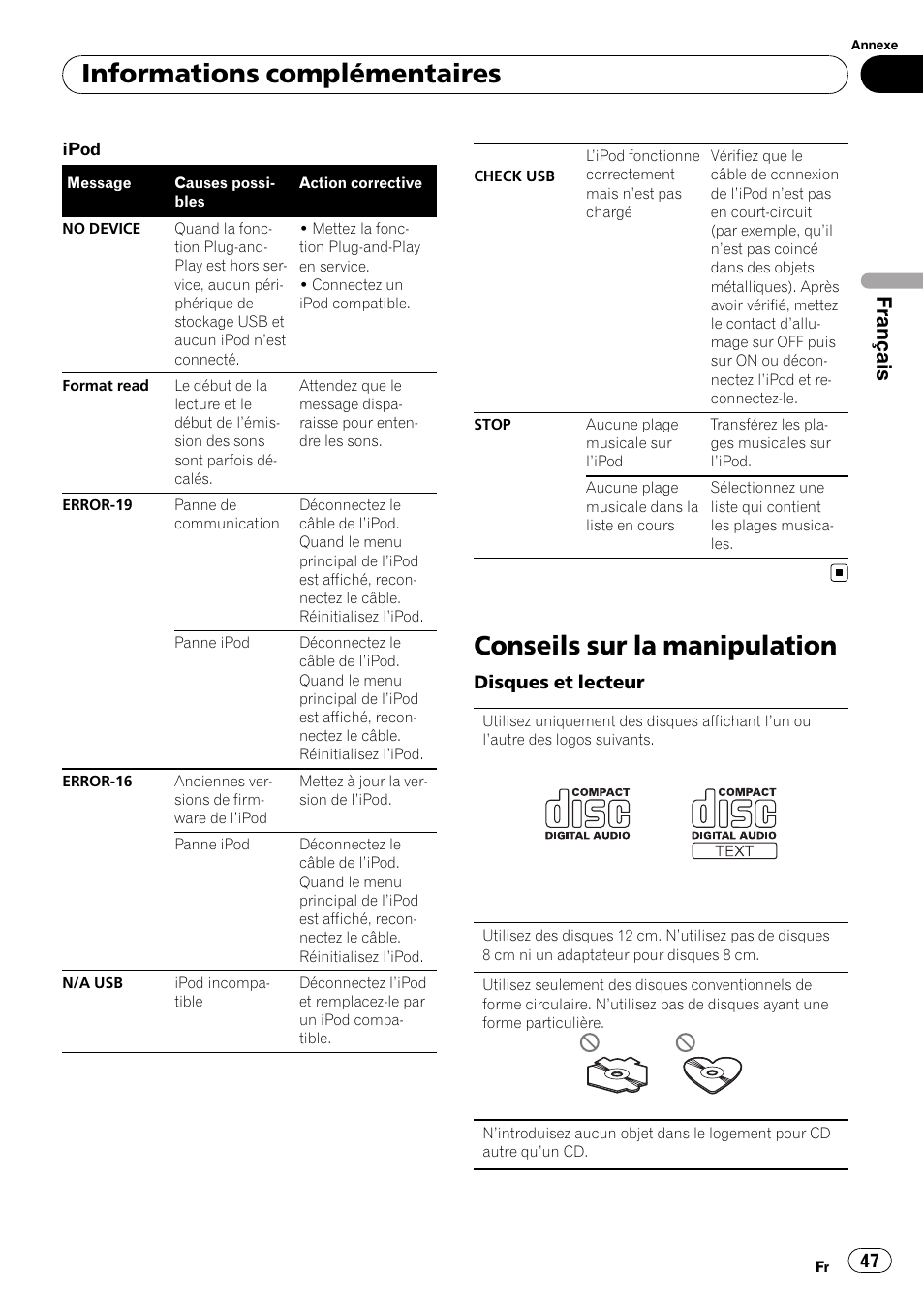 Conseils sur la manipulation, Informations complémentaires, Français | Disques et lecteur | Pioneer DEH-3200UB User Manual | Page 47 / 116