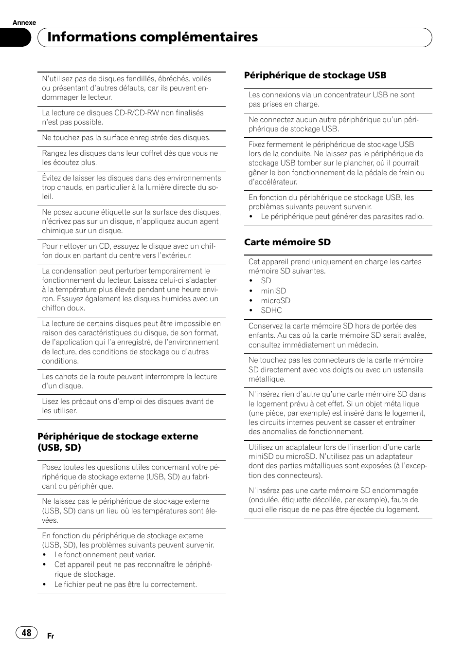 Informations complémentaires, Périphérique de stockage externe (usb, sd), Périphérique de stockage usb | Carte mémoire sd | Pioneer DEH-3200UB User Manual | Page 48 / 116
