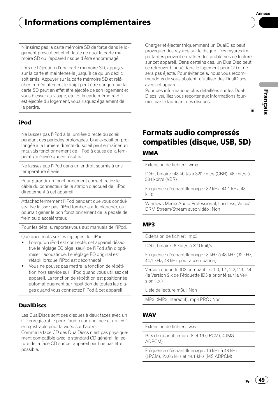 Formats audio compressés compatibles, Disque, usb, sd), Informations complémentaires | Français | Pioneer DEH-3200UB User Manual | Page 49 / 116