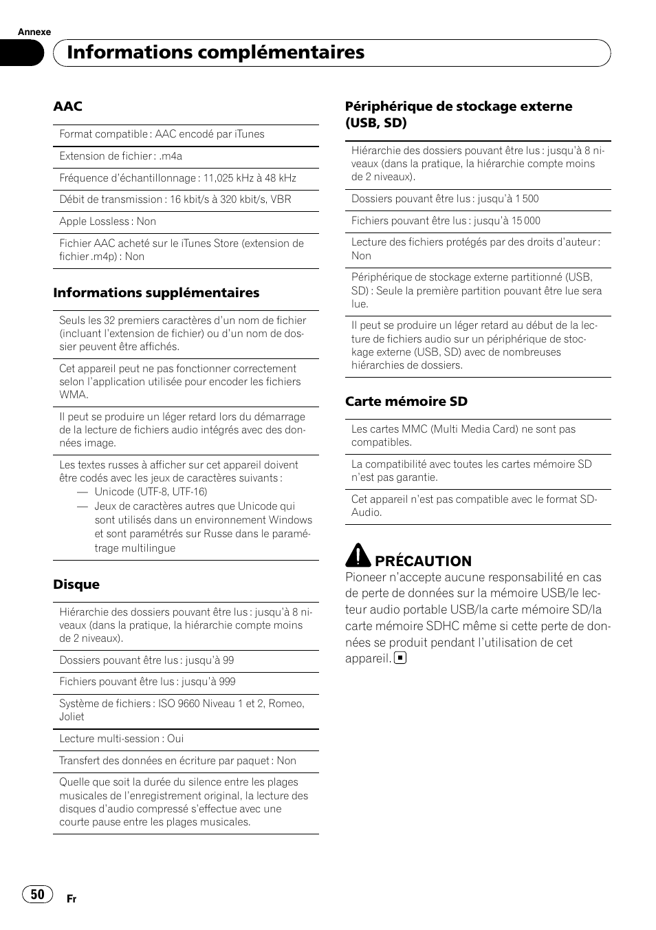 Informations complémentaires, Précaution | Pioneer DEH-3200UB User Manual | Page 50 / 116