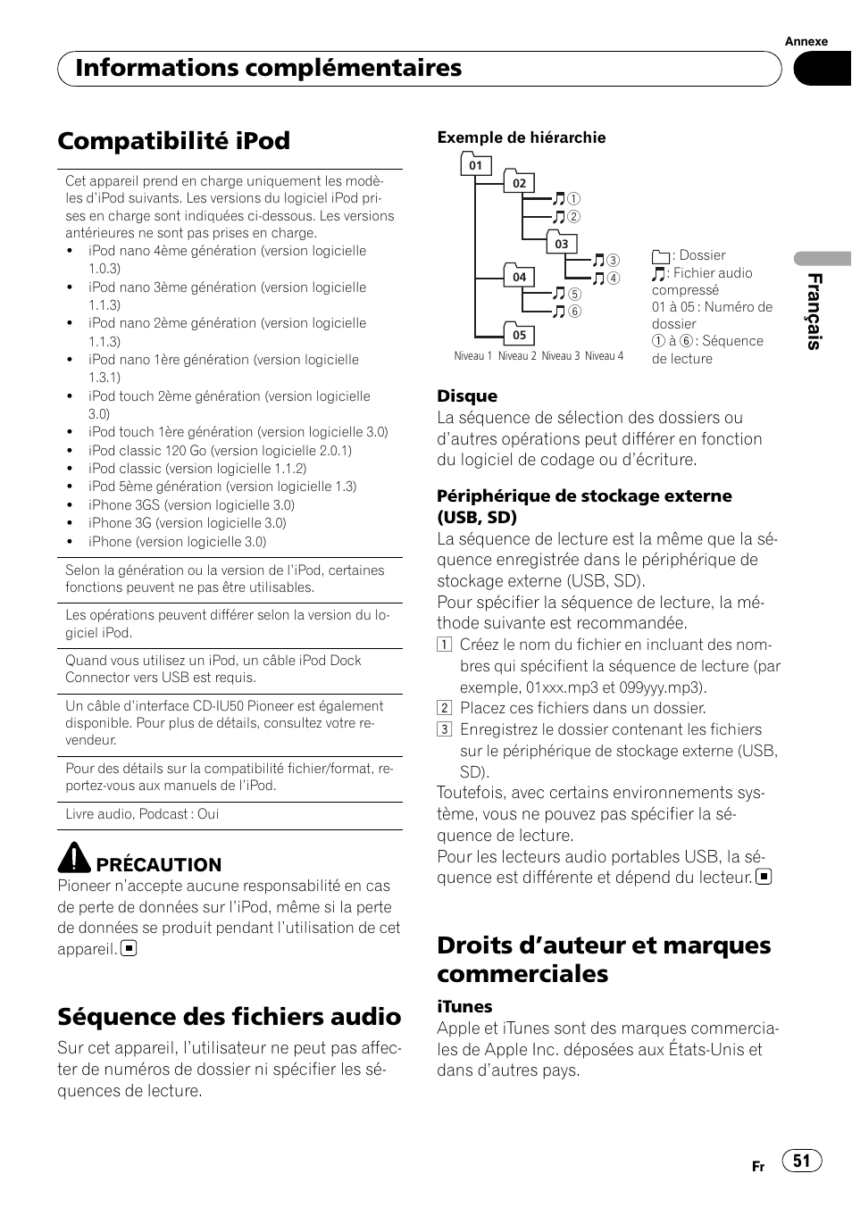 Compatibilité ipod, Séquence des fichiers audio, Droits d | Auteur et marques, Commerciales, Droits d ’auteur et marques commerciales, Informations complémentaires, Français | Pioneer DEH-3200UB User Manual | Page 51 / 116