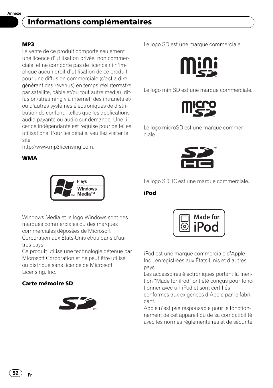 Informations complémentaires | Pioneer DEH-3200UB User Manual | Page 52 / 116