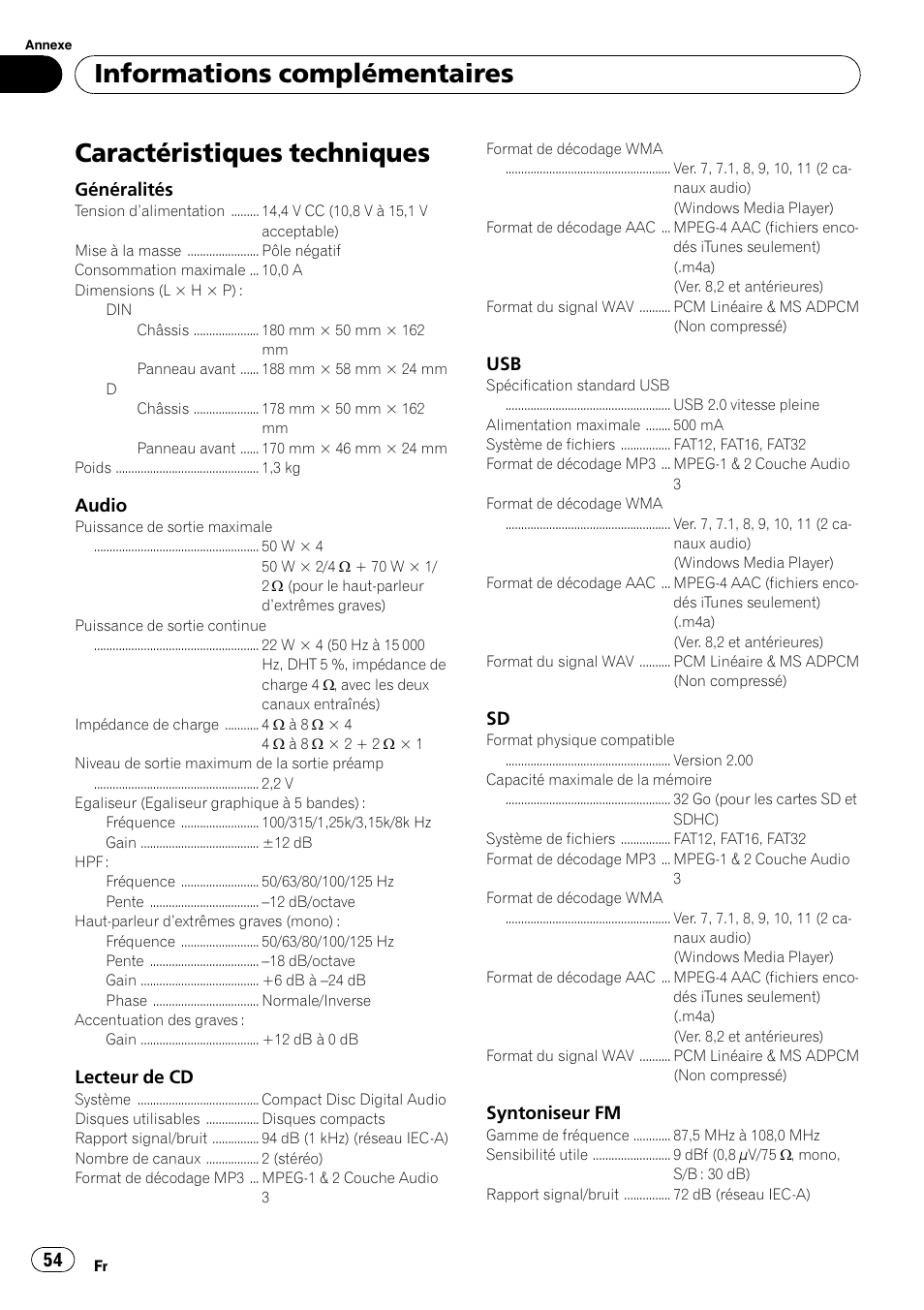 Caractéristiques techniques, Informations complémentaires, Généralités | Audio, Lecteur de cd, Syntoniseur fm | Pioneer DEH-3200UB User Manual | Page 54 / 116
