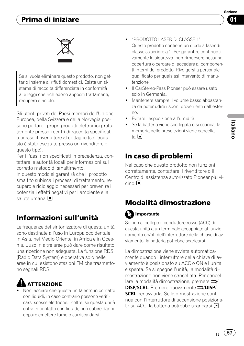 Prima di iniziare, Informazioni sull, Unità 57 | In caso di problemi, Modalità dimostrazione, Informazioni sull ’unità | Pioneer DEH-3200UB User Manual | Page 57 / 116
