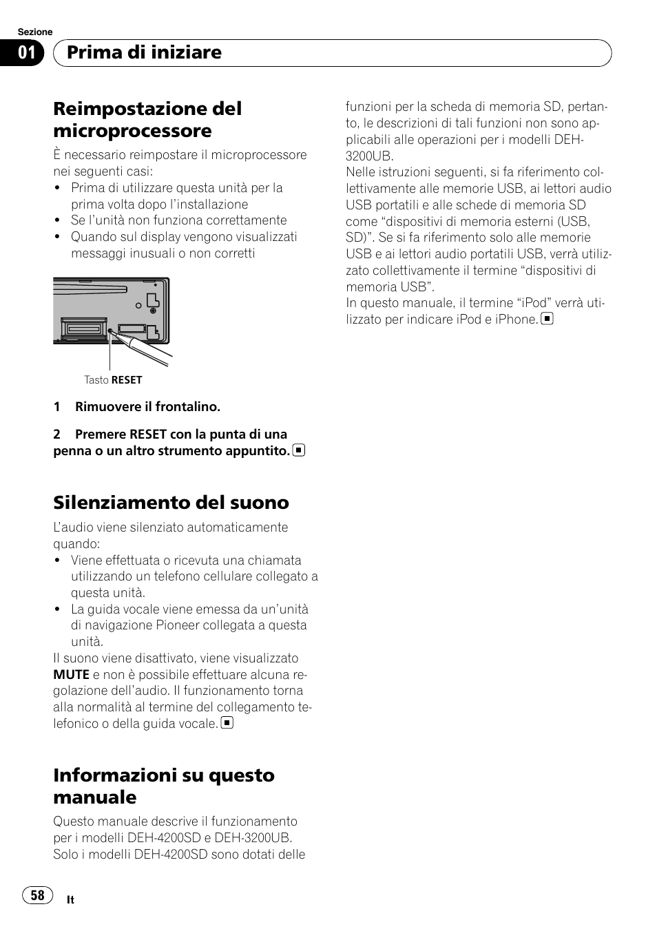 Reimpostazione del microprocessore, Silenziamento del suono, Informazioni su questo manuale | Prima di iniziare | Pioneer DEH-3200UB User Manual | Page 58 / 116