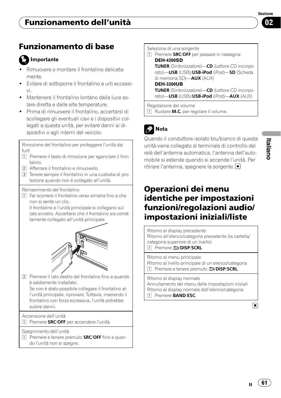 Funzionamento di base, Operazioni dei menu identiche per, Funzionamento dell ’unità | Italiano | Pioneer DEH-3200UB User Manual | Page 61 / 116