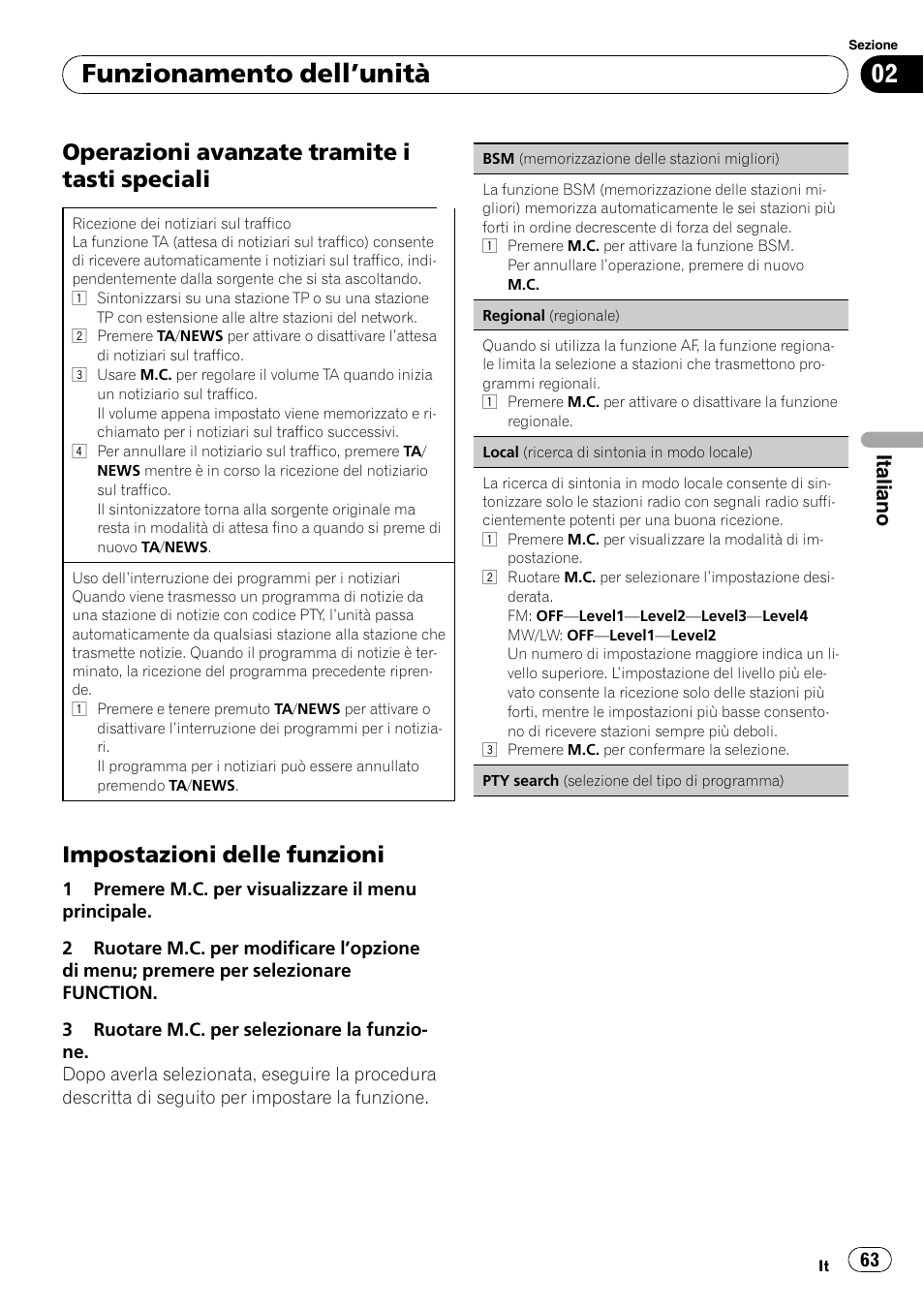 Operazioni avanzate tramite i tasti, Speciali, Impostazioni delle funzioni 63 | Funzionamento dell ’unità, Operazioni avanzate tramite i tasti speciali, Impostazioni delle funzioni, Italiano | Pioneer DEH-3200UB User Manual | Page 63 / 116