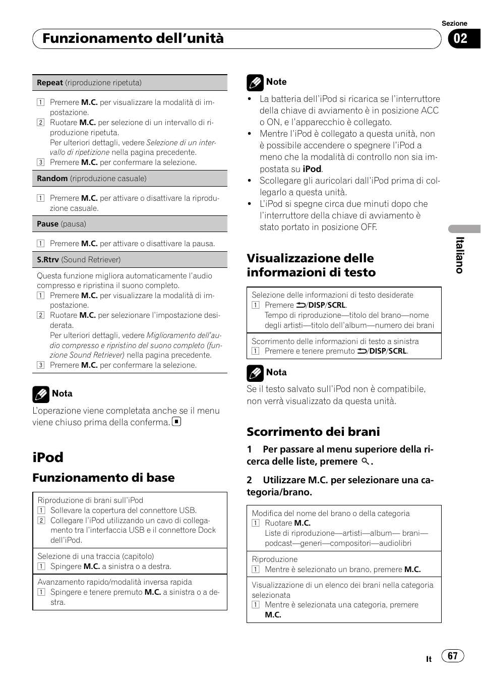 Ipod, Funzionamento di base 67, Visualizzazione delle informazioni di | Testo, Scorrimento dei brani 67, Funzionamento dell ’unità, Funzionamento di base, Visualizzazione delle informazioni di testo, Scorrimento dei brani, Italiano | Pioneer DEH-3200UB User Manual | Page 67 / 116