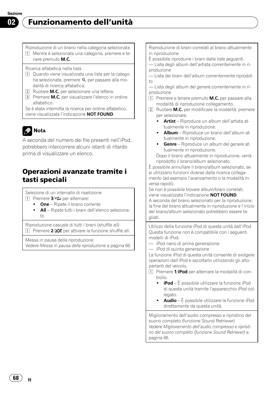 Operazioni avanzate tramite i tasti, Speciali, Funzionamento dell ’unità | Operazioni avanzate tramite i tasti speciali | Pioneer DEH-3200UB User Manual | Page 68 / 116