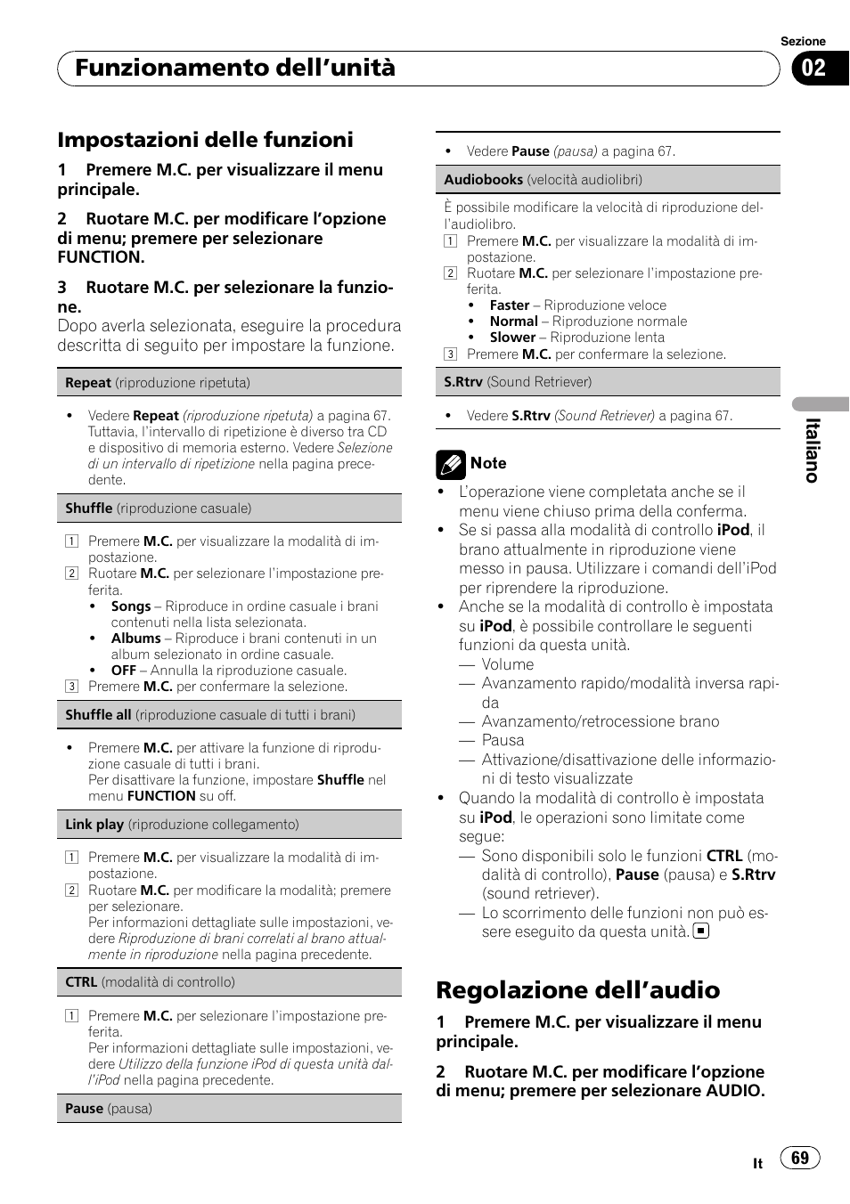 Impostazioni delle funzioni 69, Regolazione dell, Audio 69 | Regolazione dell ’audio, Funzionamento dell ’unità, Impostazioni delle funzioni, Italiano | Pioneer DEH-3200UB User Manual | Page 69 / 116