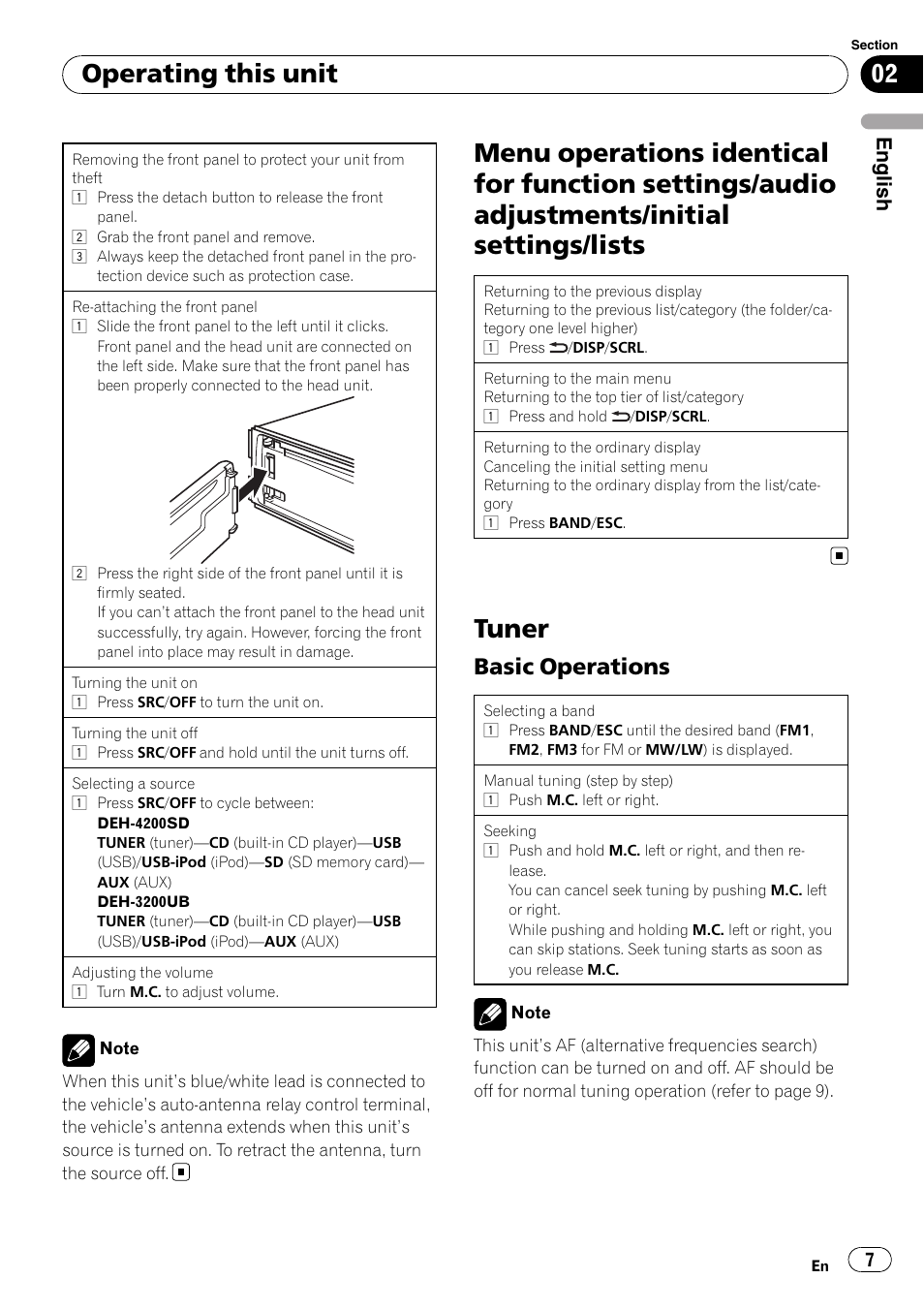 Menu operations identical for function, Settings/audio adjustments/initial settings/ lists, Tuner | Basic operations 7, Operating this unit, Basic operations, English | Pioneer DEH-3200UB User Manual | Page 7 / 116