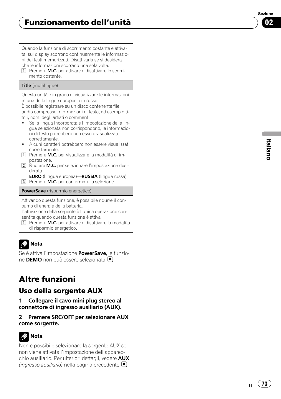 Altre funzioni, Uso della sorgente aux 73, Funzionamento dell ’unità | Uso della sorgente aux | Pioneer DEH-3200UB User Manual | Page 73 / 116