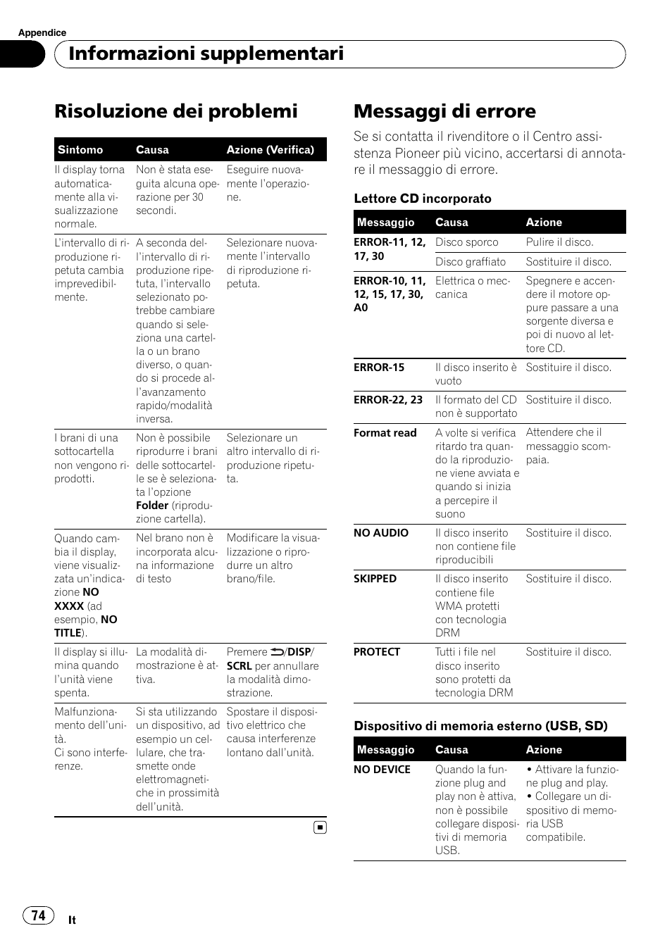 Messaggi di errore, Risoluzione dei problemi, Informazioni supplementari | Pioneer DEH-3200UB User Manual | Page 74 / 116