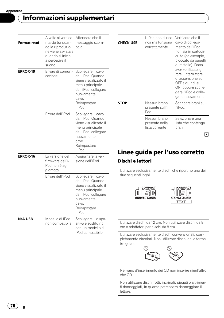 Linee guida per l, Uso corretto 76, Linee guida per l ’uso corretto | Informazioni supplementari | Pioneer DEH-3200UB User Manual | Page 76 / 116