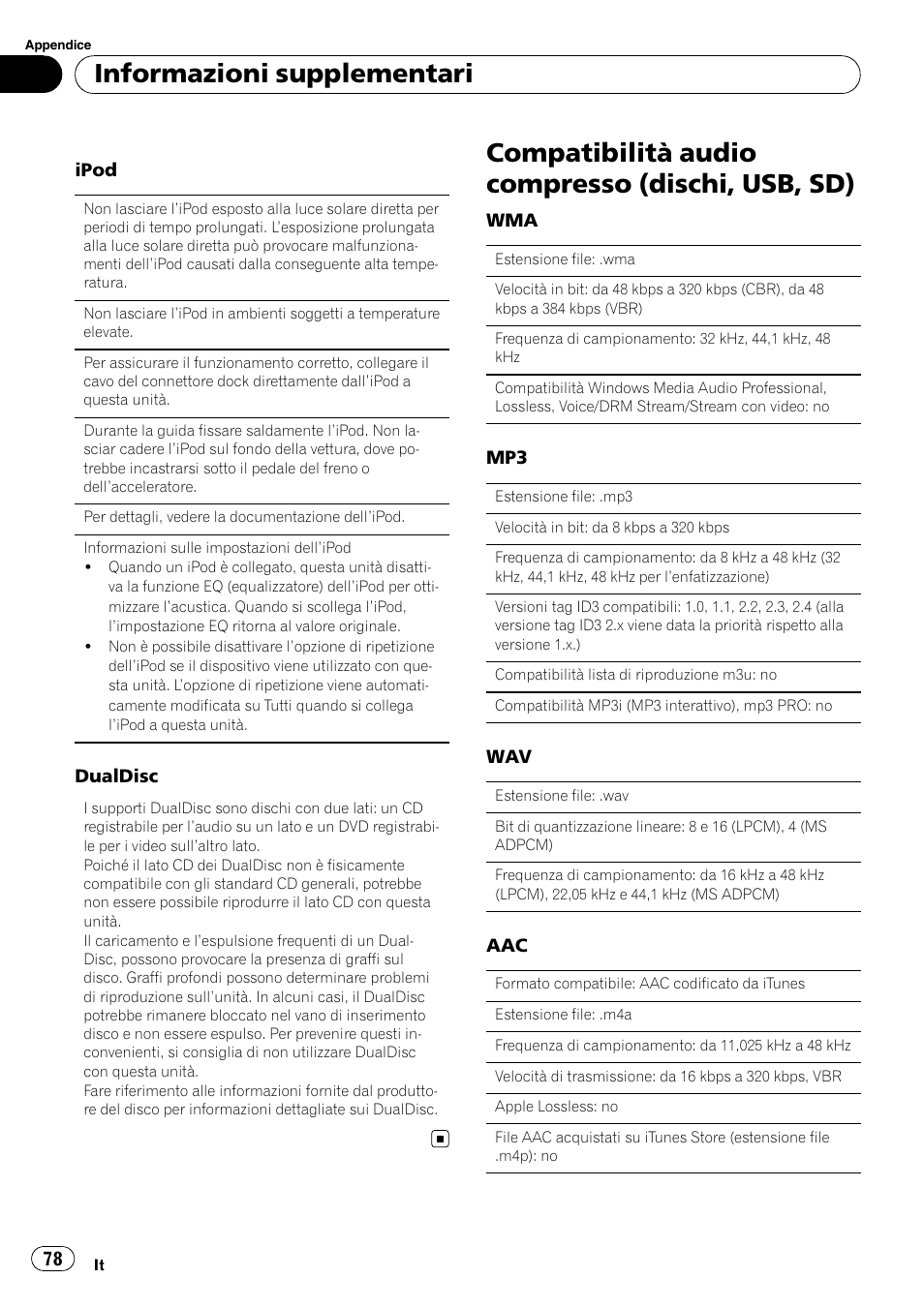 Compatibilità audio compresso (dischi, usb, Compatibilità audio compresso (dischi, usb, sd), Informazioni supplementari | Pioneer DEH-3200UB User Manual | Page 78 / 116