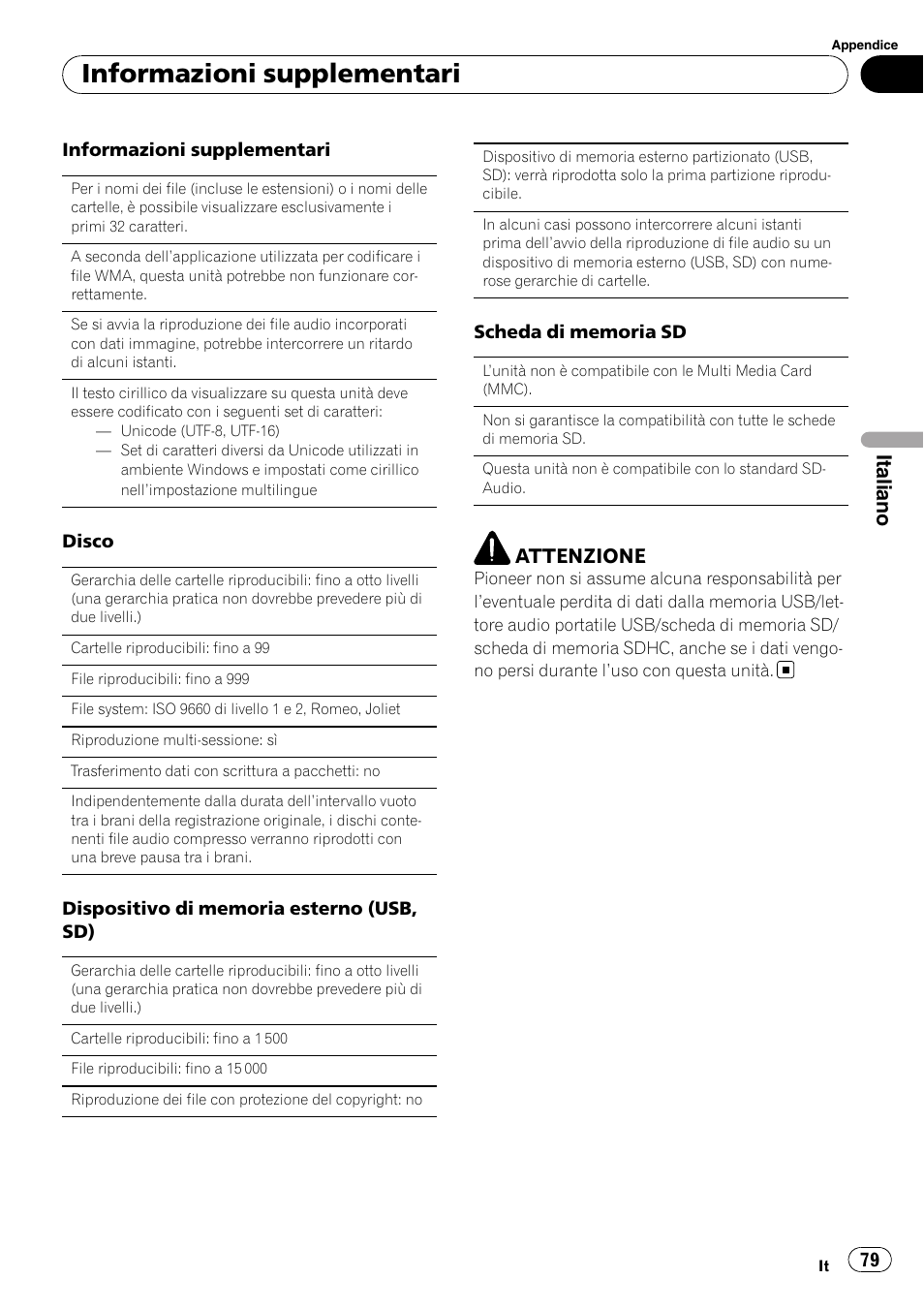 Informazioni supplementari, Italiano, Attenzione | Pioneer DEH-3200UB User Manual | Page 79 / 116