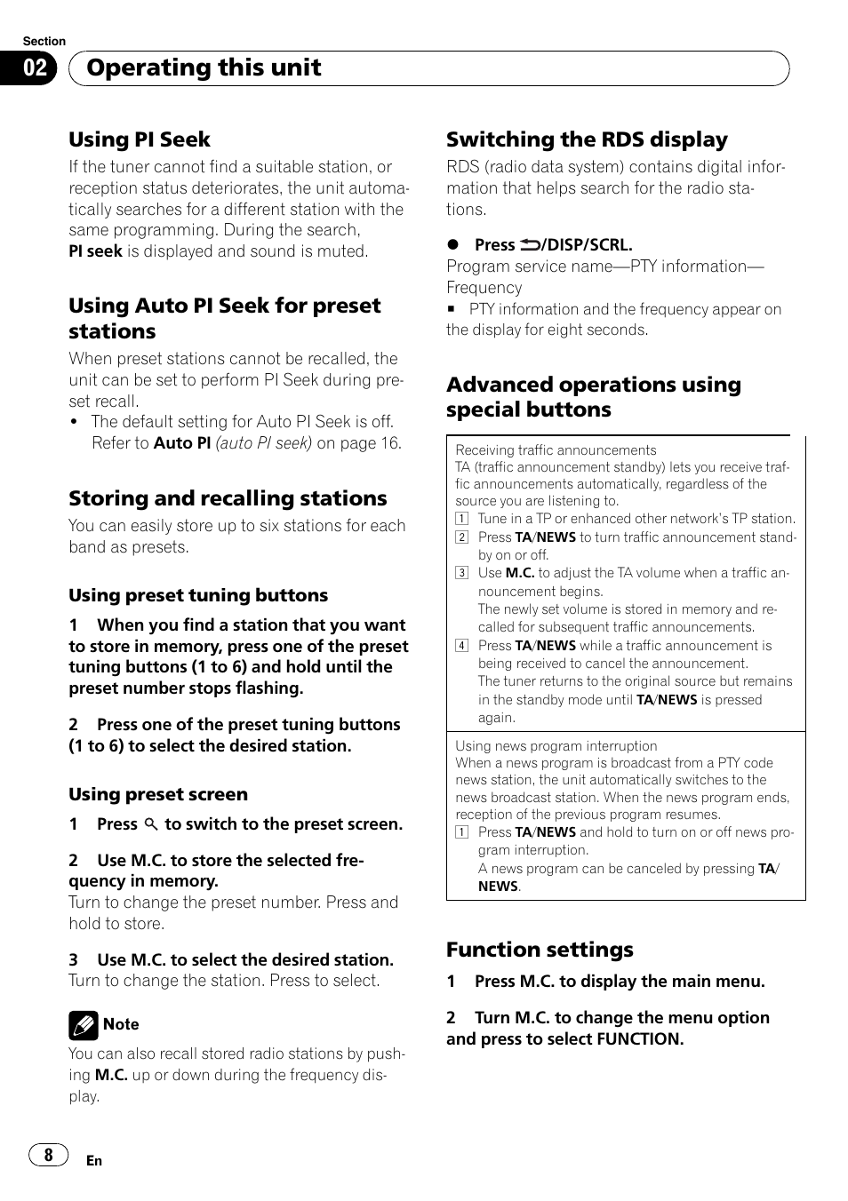Using pi seek 8, Using auto pi seek for preset, Stations | Storing and recalling stations 8, Switching the rds display 8, Advanced operations using special, Buttons, Function settings 8, Operating this unit, Using pi seek | Pioneer DEH-3200UB User Manual | Page 8 / 116