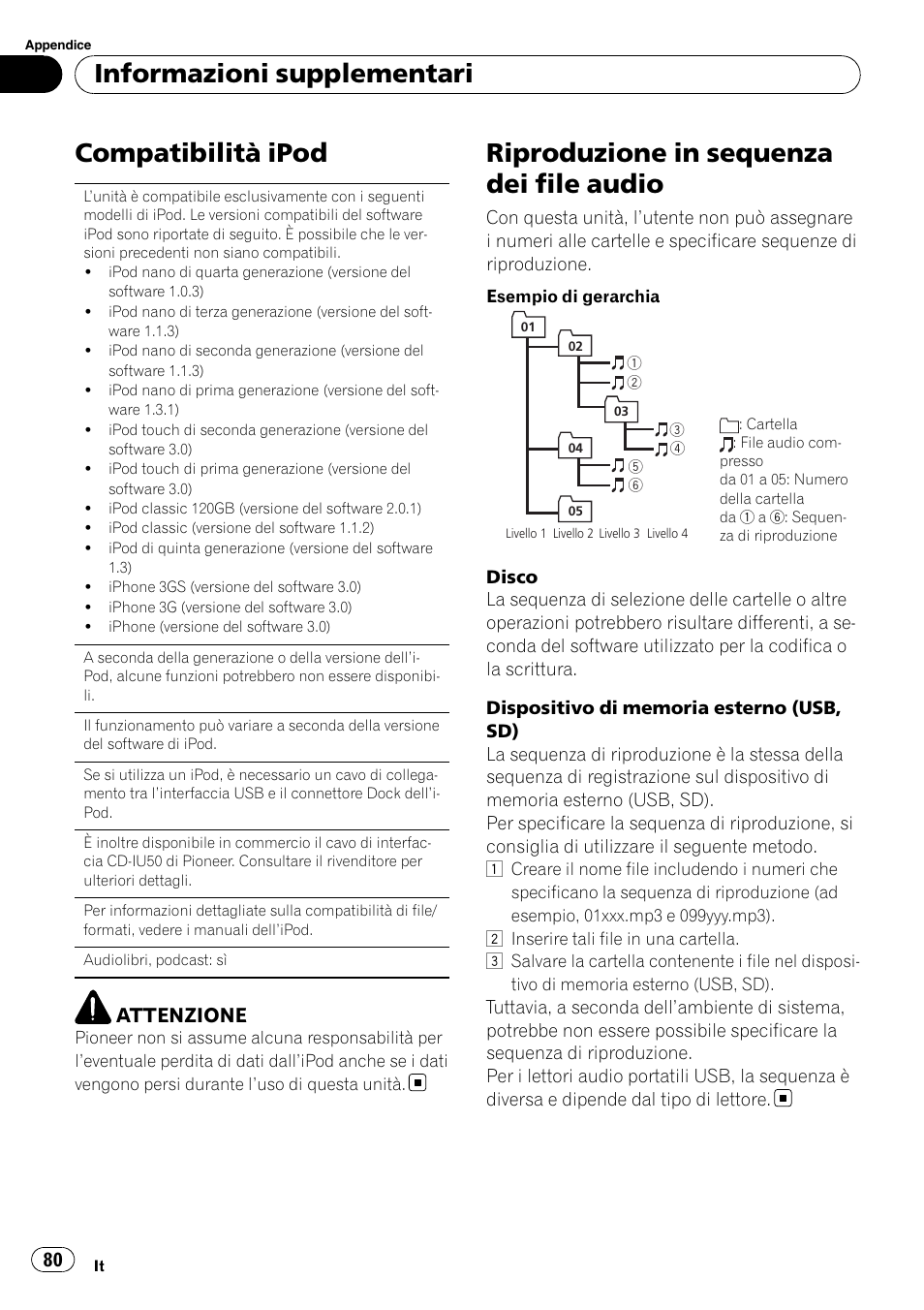Compatibilità ipod, Riproduzione in sequenza dei file audio, Informazioni supplementari | Attenzione | Pioneer DEH-3200UB User Manual | Page 80 / 116