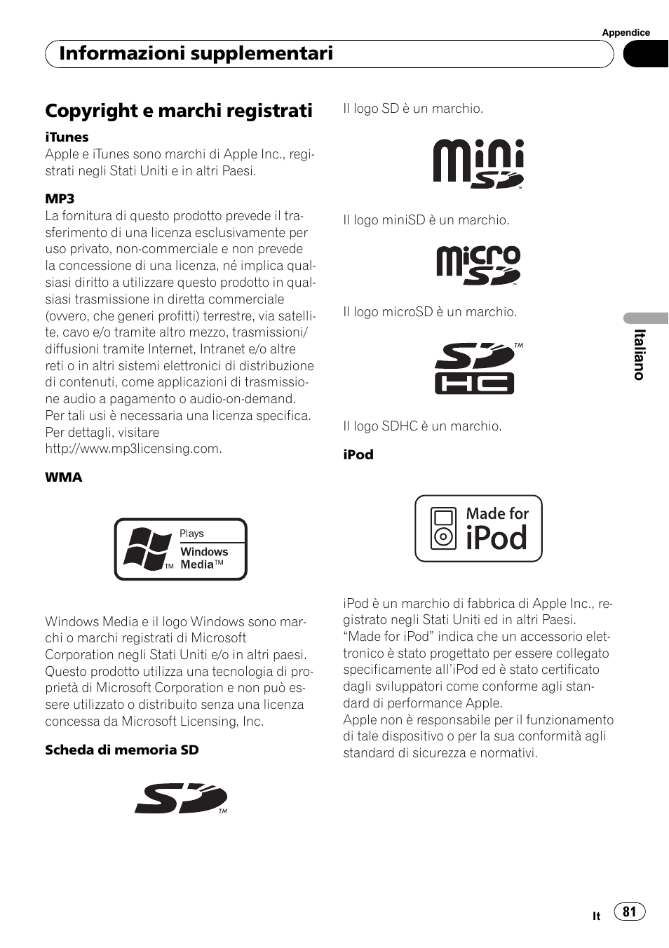 Copyright e marchi registrati, Informazioni supplementari | Pioneer DEH-3200UB User Manual | Page 81 / 116