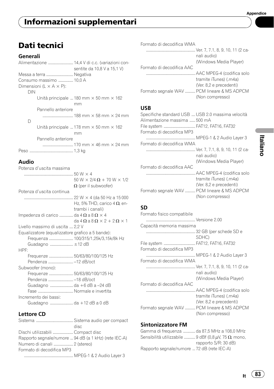 Dati tecnici, Informazioni supplementari, Italiano | Pioneer DEH-3200UB User Manual | Page 83 / 116