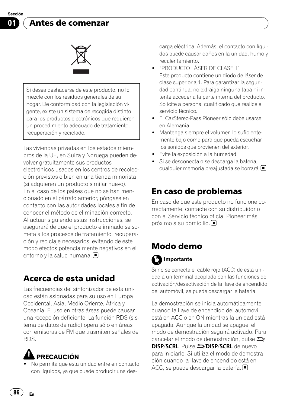 Antes de comenzar, Acerca de esta unidad, En caso de problemas | Modo demo | Pioneer DEH-3200UB User Manual | Page 86 / 116