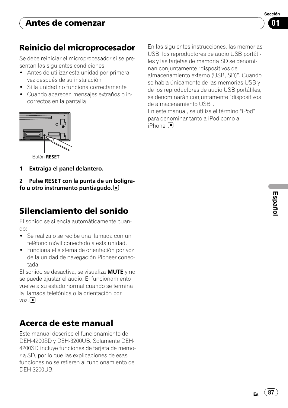 Reinicio del microprocesador, Silenciamiento del sonido, Acerca de este manual | Antes de comenzar | Pioneer DEH-3200UB User Manual | Page 87 / 116