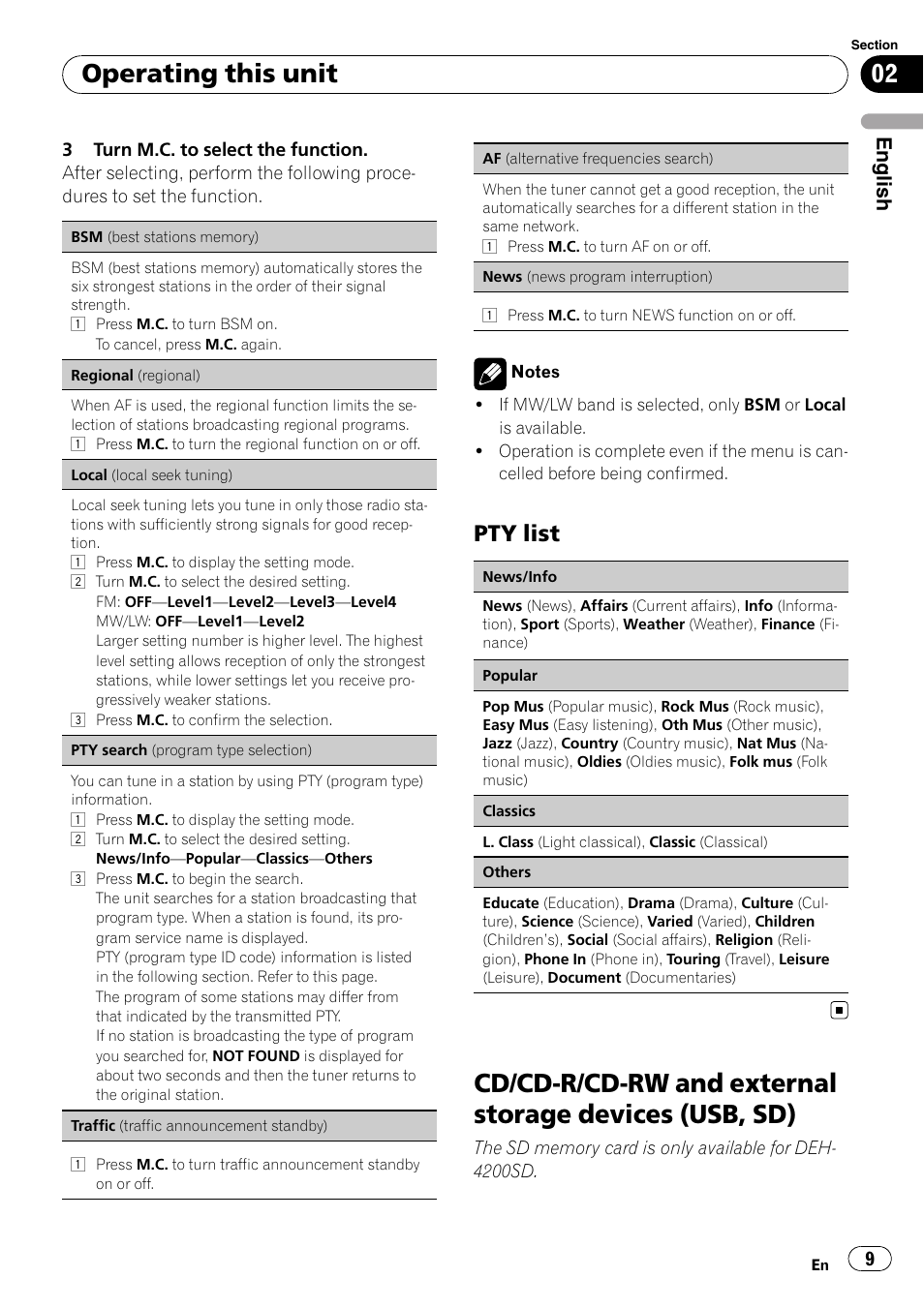 Pty list 9, Cd/cd-r/cd-rw and external storage, Devices (usb, sd) | Operating this unit, Pty list, English | Pioneer DEH-3200UB User Manual | Page 9 / 116