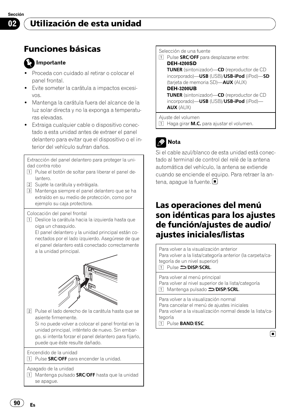 Funciones básicas, Las operaciones del menú son idénticas para, Utilización de esta unidad | Pioneer DEH-3200UB User Manual | Page 90 / 116