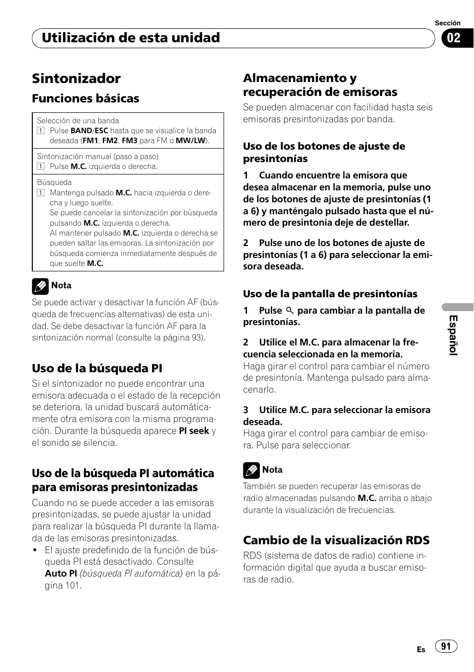 Sintonizador, Funciones básicas 91, Uso de la búsqueda pi 91 | Uso de la búsqueda pi automática para, Emisoras presintonizadas, Almacenamiento y recuperación de, Emisoras, Cambio de la visualización rds 91, Utilización de esta unidad, Funciones básicas | Pioneer DEH-3200UB User Manual | Page 91 / 116