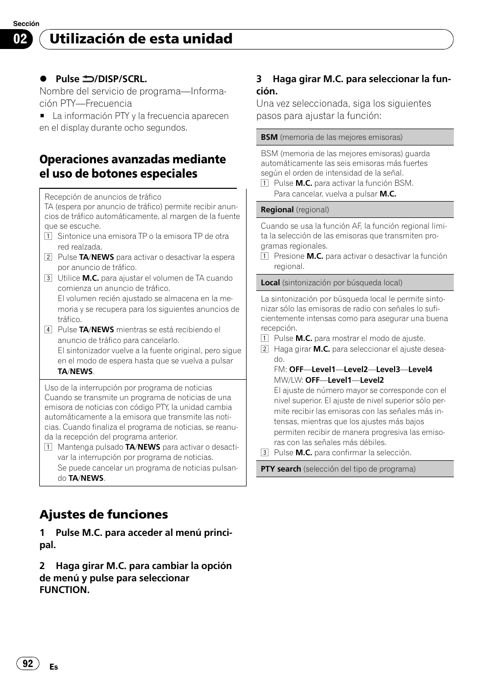 Operaciones avanzadas mediante el, Uso de botones especiales, Ajustes de funciones 92 | Utilización de esta unidad, Ajustes de funciones | Pioneer DEH-3200UB User Manual | Page 92 / 116