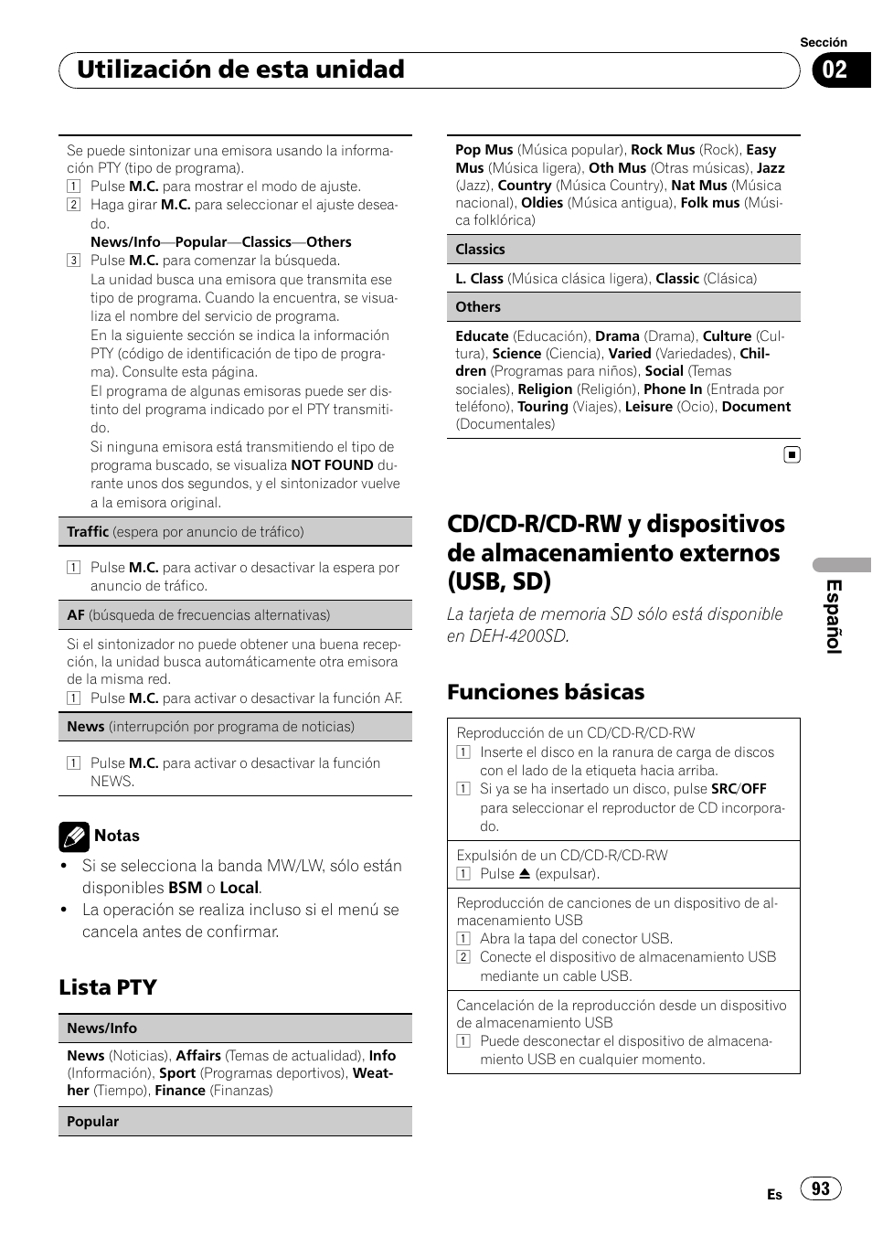 Lista pty 93, Cd/cd-r/cd-rw y dispositivos de, Almacenamiento externos (usb, sd) | Funciones básicas 93, Utilización de esta unidad, Lista pty, Funciones básicas, Español | Pioneer DEH-3200UB User Manual | Page 93 / 116