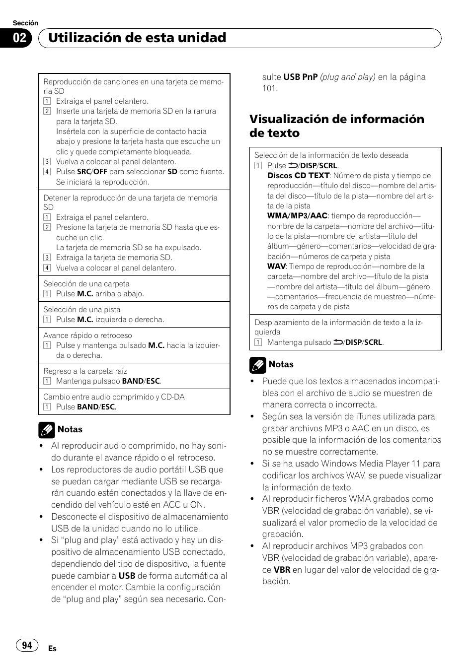 Visualización de información de, Texto, Utilización de esta unidad | Visualización de información de texto | Pioneer DEH-3200UB User Manual | Page 94 / 116